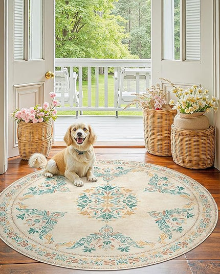 jinchan Round Rug 5ft Area Rugs Vintage Floral Distressed Design, Machine Washable Soft Non-Slip Low-Pile Ultra-Thin Circle Rug for Entryway Living Room Dining Room Bedroom (5' Round, Apricot Multi)
