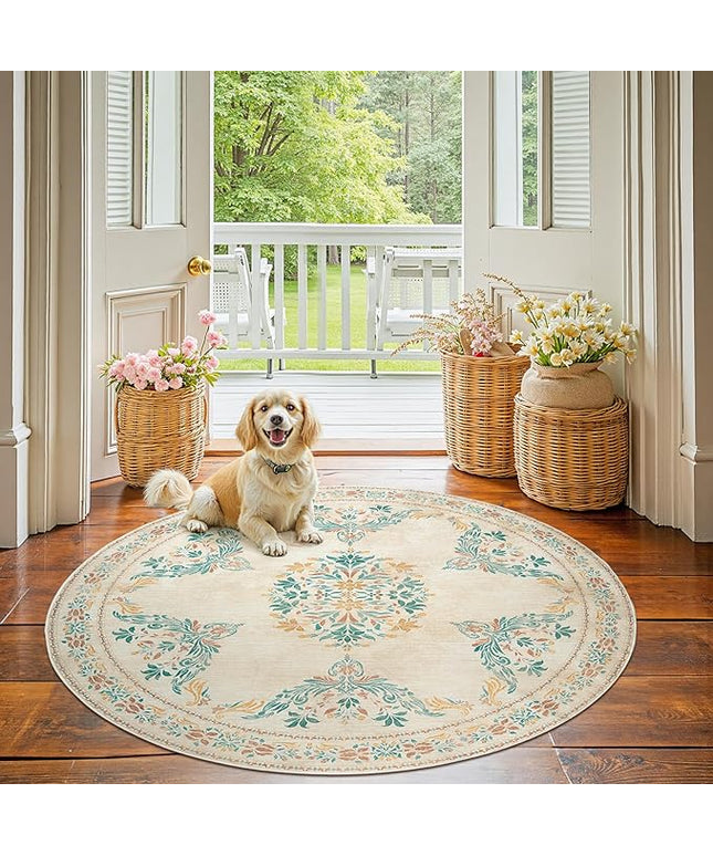 jinchan Round Rug 5ft Area Rugs Vintage Floral Distressed Design, Machine Washable Soft Non-Slip Low-Pile Ultra-Thin Circle Rug for Entryway Living Room Dining Room Bedroom (5' Round, Apricot Multi)