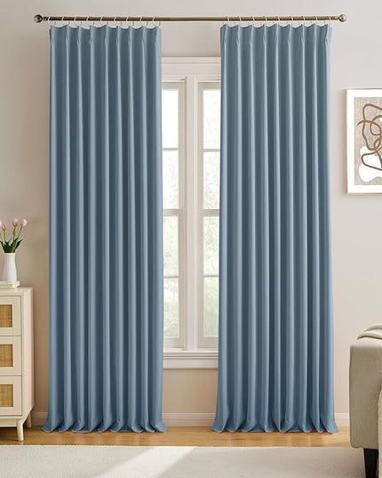 KEQIAOSUOCAI 2 PCs Dusty Blue Pleat Wide Drapes for Sliding Glass Door 60 Wide x 95 Inch Long, Privacy Light Block Noise Reduce Insulated Ceiling to Floor for Locker Room Basement Bedroom Closet