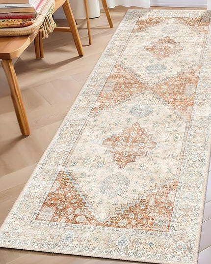 MUJOO Washable Runner Rug,2x6 Runners for Kitchen Bathroom Hallway Bedroom Entryway Laundry,Non Slip Long Mat Indoor,Boho Throw Carpet Low Pile Terracotta