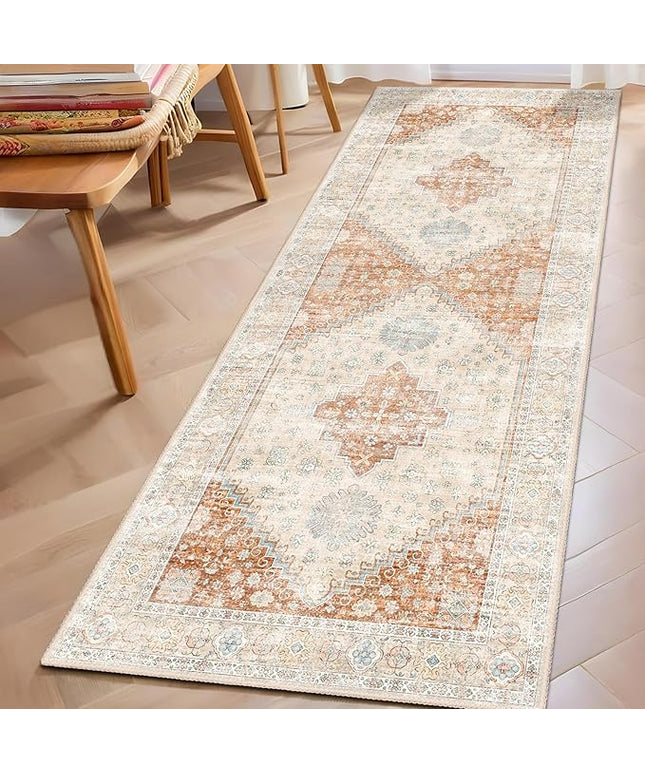 MUJOO Washable Runner Rug,2x6 Runners for Kitchen Bathroom Hallway Bedroom Entryway Laundry,Non Slip Long Mat Indoor,Boho Throw Carpet Low Pile Terracotta