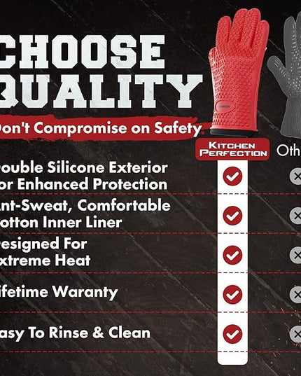 KITCHEN PERFECTION S Silicone Smoker Oven Gloves -Extreme Heat Resistant BBQ Gloves -Handle Hot Food Right on Your Grill Fryer Pit|Waterproof Oven Mitts |Superior Value Set+3 Bonuses