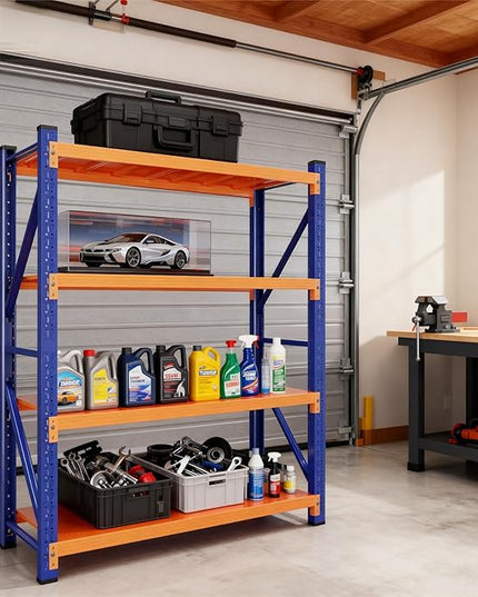 79" H Garage Shelving,3500LBS Heavy Duty Storage Rack,4 Tiers Metal Storage Rack Shelf, Adjustable Shelving Unit for Garage,Kitchen,Warehouse,Basement,78.7" H x 47.2" W x 19.6" D,Blue&Orange
