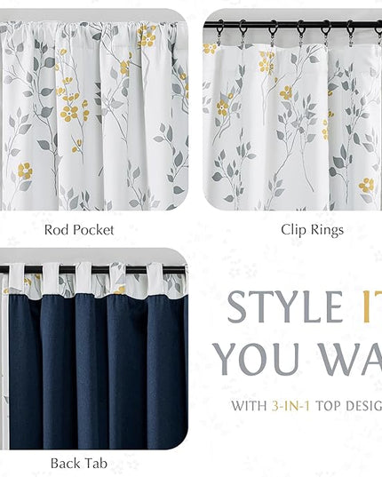 Beauoop Floral 100% Blackout Curtains 84 Inches Long 2 Panels for Bedroom Living Room Yellow Grey and White Flower Patterned Room Darkening Thermal Soundproof Rod Pocket Back Tab Window Drapes, 52X84