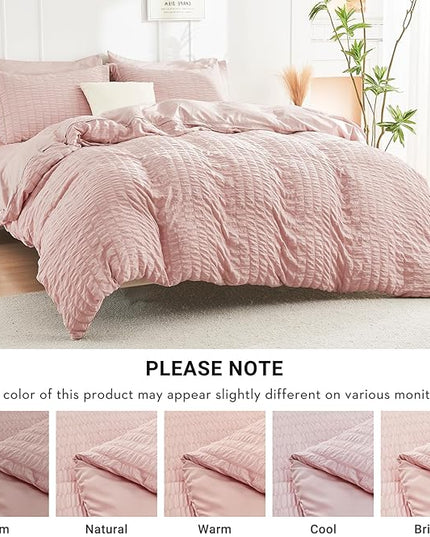 HYMOKEGE Rose Gold King Size Comforter Set Seersucker 7 Pieces, All Season Luxury Bed in a Bag for Bedroom, Bedding Set with Comforters, Sheets, Pillowcases & Shams