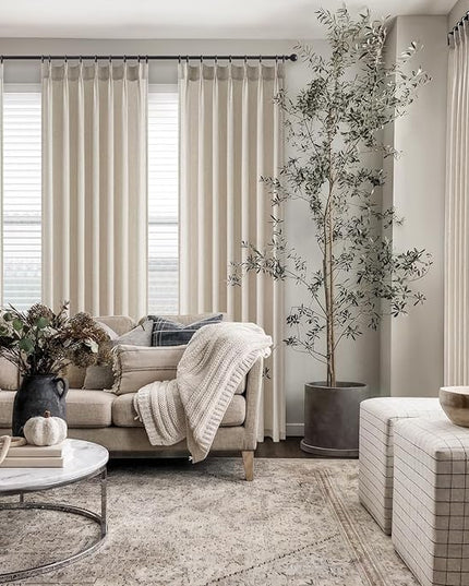 96 Inches Long Pleated Sheer Curtains,Oatmeal Linen Blended Light Filtering Window Curtains 96 Length 2 Panels for Living Room Bedroom Pinch Pleat Drapes with Hooks 2 Panels 40" Wx96 L,Light Camel