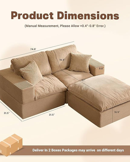 74.8” Cloud Couch, Modular Loveseat Sofa, Convertible Sofas Bed, Deep Seat Sofa, Cozy Sofa for Living Room, Office and Bedroom, L Shaped Cozy Sofa Furniture Set, Corduroy, Camel