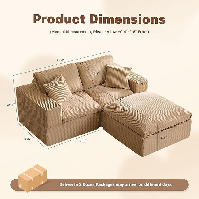 74.8” Cloud Couch, Modular Loveseat Sofa, Convertible Sofas Bed, Deep Seat Sofa, Cozy Sofa for Living Room, Office and Bedroom, L Shaped Cozy Sofa Furniture Set, Corduroy, Camel