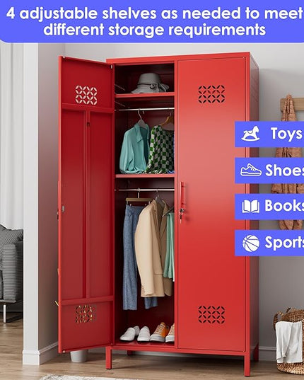 Aobabo Metal Wardrobe Cabinets with Lock, 2 Door Metal Closet wtih 4 Adjustable Shelves and 2 Hannging Rod, Lockable Locker Cabinet, Storage Locker for Home, Office,Red, Assembly Required