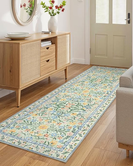 Wonnitar Washable Runners for Hallways, 2'6''x8' Floral Green Runner Rug for Kitchen Bathroom, Boho 8ft Non Silp Extra Long Rugs for Entryway Bedroom Laundry