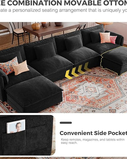 ELUCHANG Oversized 153" Modular Sectional Sofa, Comfy Cloud Couch, L Shaped Deep Seat Sofa Couches for Living Room, 5-Seater Modern Sofa with Movable Ottoman, DIY Combination - Chenille Black