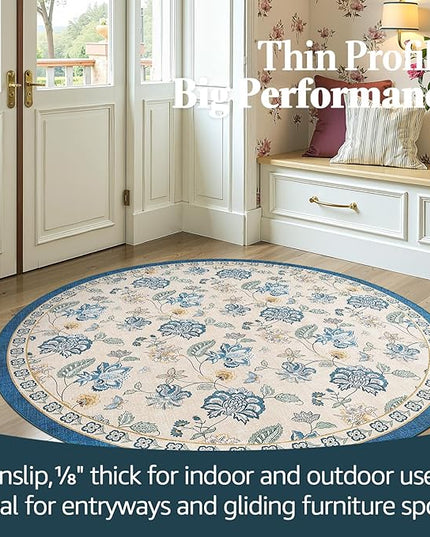 jinchan Elora 5ft Floral Round Rug for Entryway Washable Kitchen Rug Vintage Romance Design Non Slip Indoor Doormat Lightweight Low-Profile Throw Carpet for Living Room Dining Room Bedroom, Blue/Beige