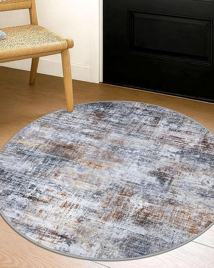 IOHOUZE Round Area Rug 3 Ft Circle Entryway Rugs Round Washable Door Mat Indoor Entrance, Non Slip Circle Front Door Rug, Printed Abstract Faux Wool Floor Carpet for Foyer Porch Sink, Orange Grey