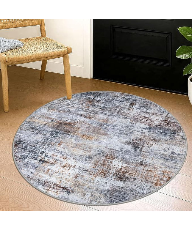 IOHOUZE Round Area Rug 3 Ft Circle Entryway Rugs Round Washable Door Mat Indoor Entrance, Non Slip Circle Front Door Rug, Printed Abstract Faux Wool Floor Carpet for Foyer Porch Sink, Orange Grey
