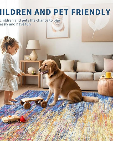 Washable Rug 9x12 Area Rug for Living Room, Non Slip Abstract Rug for Bedroom, Ultra Soft Area Rug, Low Pile Soft Contemporary Indoor Floor Carpet Cover, Blue/Orange