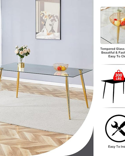 7 Piece Modern Gold Dining Room Set, 63'' Luxury Minimalist Kitchen Table Set, 6 Person Clear Glass Top Rectangle Dinner Set with Pink Woven Dining Chair for Home Large Living Room