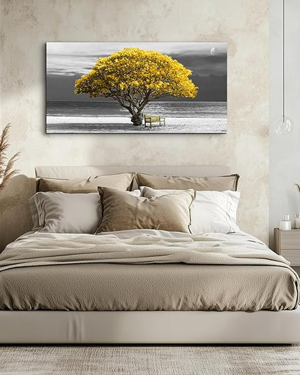 wall art for living room Decorations Photo Prints - panoramic black and white with yellow trees The moon scenery - Modern Home Decor The room Stretched and Framed Ready to Hang artwork 20X40inches