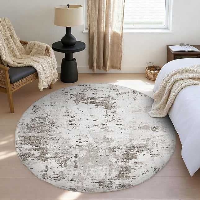Modern Abstract 4x4 Round Area Rug Non Slip Non Shedding Rug Low Pile Stain Resistant for Bedroom Living Room Office Dining Room,Taupe/Beige