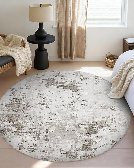 Modern Abstract 8x8 Round Area Rug Non Slip Non Shedding Rug Low Pile Stain Resistant for Bedroom Living Room Office Dining Room,Taupe/Beige
