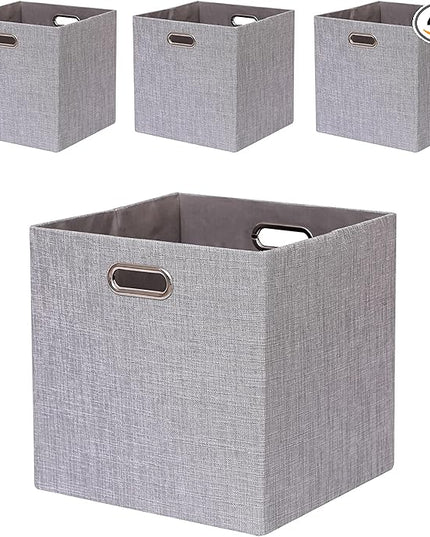 Cube Storage Bins 13×13x13 Inch Linen Foldable Box with Handles, Collapsible Organization Basket Set of 4 Large Capacity Grewer for Closet Shelf Cabinet Bookcase Bedroom, Silver Grey