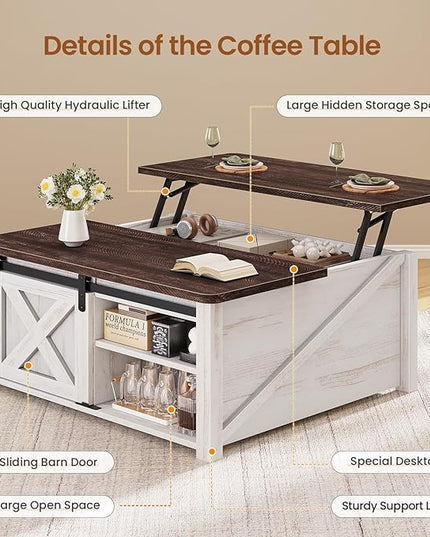 SEDETA 31.5" Lift Top Coffee Table with Storage, Square Coffee Tables for Living Room, Farmhouse Coffee Table with Large Hidden Storage Compartment and Adjustable Shelves, Vintage White