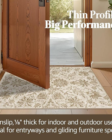 jinchan Torino Classic Floral Round Rug 5ft, Vintage-Inspired Neutral Design 5’Circle Rug, Machine Washable Ultra-Thin Low-Pile Non-Slip Indoor Carpet for Bedroom Living Room Entryway Taupe