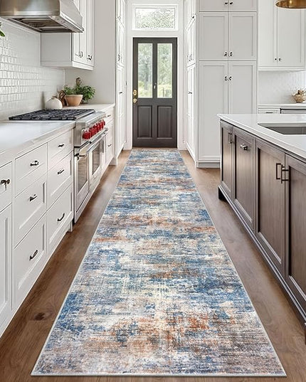 IOHOUZE Abstract Runner Rug 3x18 Ft Extra Long Washable Runners for Hallways, Non Slip Kitchen Runner Printed Faux Wool Entryway Runner Indoor, Modern Abstract Floor Carpet for Hall Stair, Blue Rust