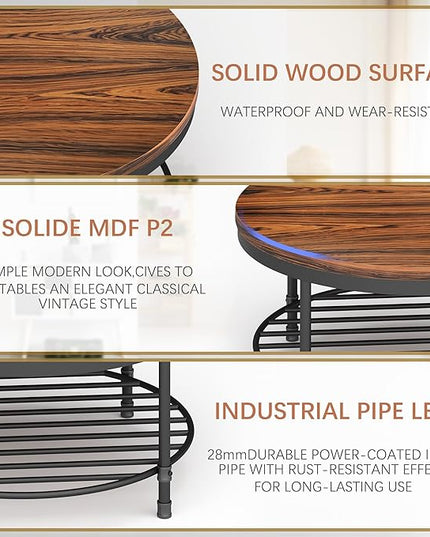 NSdirect 36" Round Coffee Table with Storage Shelf, Dark Grey Brown Vintage Wood Top & Metal Legs - 18.5" Height End Table for Small Spaces (Dark Red Brown)