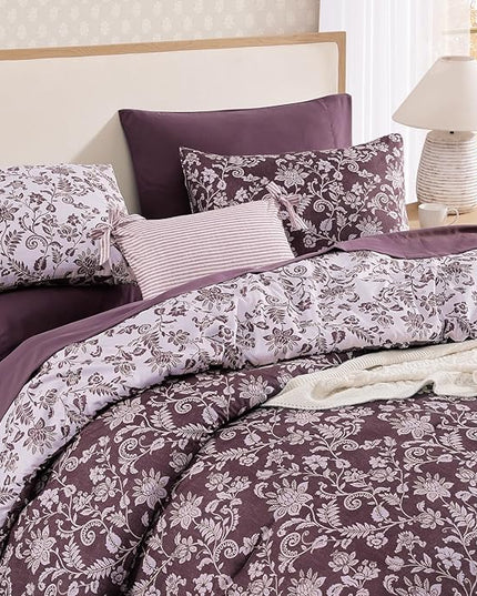 King Comforter Set -7 Pieces Floral Dark Purple Comforter Set for All Seasons, Bed in a Bag King with Botanical Flowers Comforter, Sheets, Pillowcases & Shams