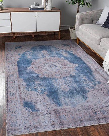 GLN Rugs Traditional Collection - Machine Washable Area Rug, Traditional Washable, Non Slip, Low Pile Chenille Rug, Living Room, Bedroom, Kitchen Rug (5'-3" x7'-5" Cream/Navy)