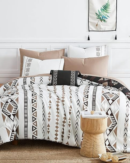 Geniospin Oversized Queen Comforter Set - 7 Pieces Reversible Bedding Set, Boho Bed in A Bag, Lightweight Soft Aztec Bedding, All Season Bed Comforter Set with Sheets, Pillowcases & Shams