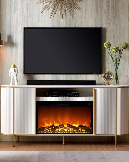 OKD Luxury 70" Fluted Fireplace TV Stand, Modern Chic Entertainment Center for TVs Up to 80 inches, TV Console with Faux Marble Top, Curved Profile Design, Media Console for Living Room, Off White