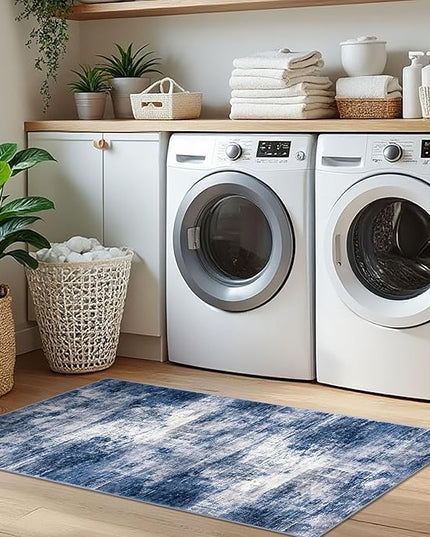 IOHOUZE Abstract Runner Rug 2x5 Ft Washable Runners for Hallways, Non Slip Kitchen Runner Printed Faux Wool Entryway Runner Indoor, Modern Abstract Floor Carpet for Hall Kitchen Bedroom, Navy/Grey