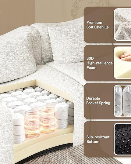 Boneless Couch White Modular Sectional Sofa for Living Room, 114'' L Shaped Compressed Couch in a Box with Ottoman, Modern Comfy 3 Seater Deep Foam Chenille No Assembly Couches for Bedroom