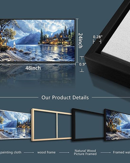 XIGUANGART Coastal Wall Art Blue Ocean Picture Mountain Wall Decor Lake Beside Countryside Large Canvas Print Art for Living Room Bedroom Home Office Forest Scenery Painting Decoration Framed Artwork