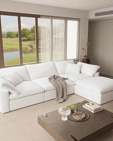 Oversize Cloud Modular Sectional Sofa,110.8" L Shape 3 Seaters with Chaise Down Filled Comfort Sofa Detachable Couch Cushion Covers for Living Room,White