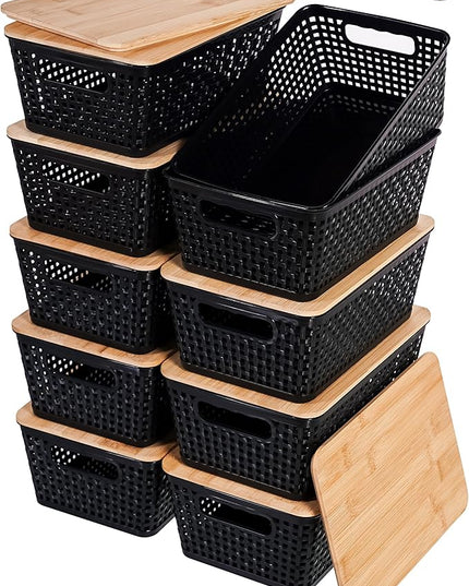 Storage Bins with Lids 10 Packs, Plastic Storage Bins with Bamboo Lids for Pantry Organization and Storage Containers for Shelves Drawers Desktop Closet Playroom Classroom Office Home, Black