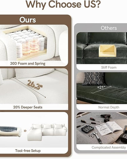 Boneless Couch White Modular Sectional Sofa for Living Room, 114'' L Shaped Compressed Couch in a Box with Ottoman, Modern Comfy 3 Seater Deep Foam Chenille No Assembly Couches for Bedroom