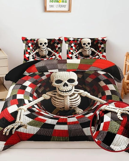 AILONEN Skull Print Comforter Set Twin Size,3-Piece Skeleton Halloween Theme Bedding Set,Colorful Checkered Skull Art Duvet with 2 Pilllowcases