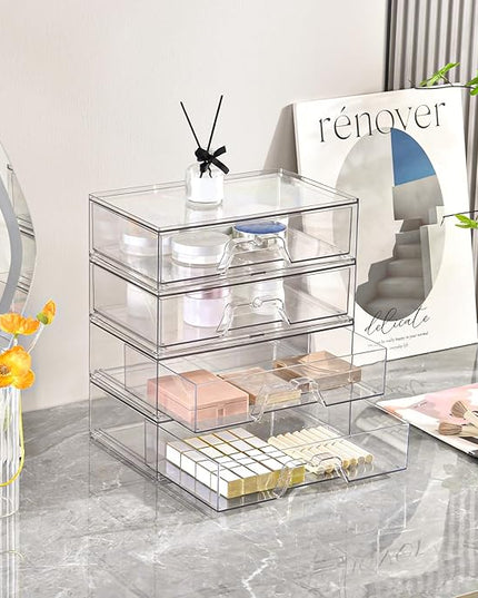 2 Pack Stackable Makeup Organizer, 12.1''L Acrylic Bathroom Organizer and Storage Undersink Drawer, Cosmetics and Beauty Supplies,Clear Plastic Storage Bins for Desk,Cabinet,Kitchen,Vanity,Pantry