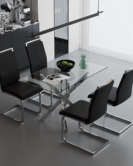 5 Piece Dining Table Table Set, Modern Tempered Glass Dining Table Set for 4 Kitchen Table Set with 4 Upholstered Chairs for Kitchen Dining Room (Sliver Table with Black Chairs)