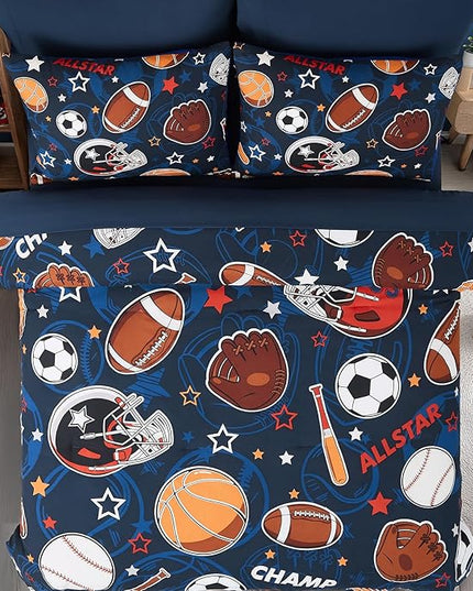 Full Size Comforter Set for Boys-7 Pieces Sports Ball Games Glow in The Dark Full Bedding Sets for Kids, Ultra Soft Bed in A Bag with Sheets