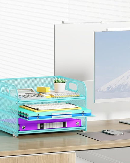 3 Tier Paper Organizer with Handle, Metal Desk Organizer Mesh Paper Letter Tray Desktop File Folder Document Sorter for Classroom, School, Office Accessories Organization and Storage - Blue