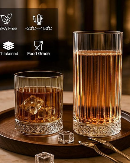 Ruckae Drinking Glasses Set of 8,15 oz and 7 oz Kitchen Water Glass Cups Set,Clear Ribbed Glassware Dishwasher Safe,Mixed Drinkware for Beer,Juice,Cocktail,Whiskey,Milk and Various Mixed Drinks