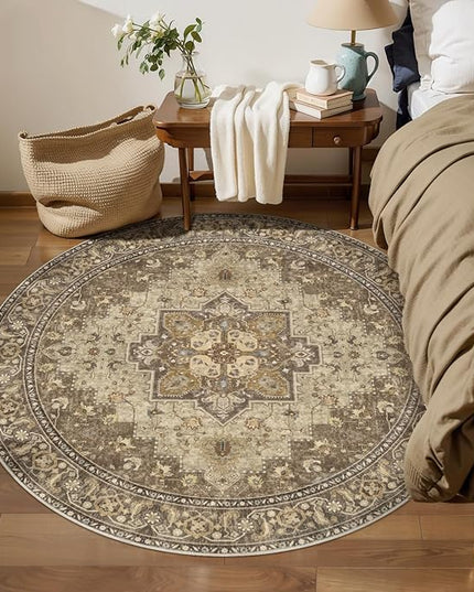 Ciicool Boho 5x5ft Round Area Rug Washable Bedroom Rug Non-Slip Oriental Entryway Throw Rug Low-Pile Indoor Circle Carpet for Dining Room