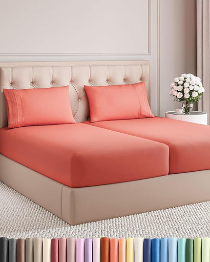 Split King Size 5 Piece Sheet Set - Comfy Breathable & Cooling Bed Sheets Set - Hotel Luxury Bedding for Women, Men, Kids, Teens, Boys & Girls - Deep Pockets, Soft and Wrinkle Free - Oeko-Tex - Coral