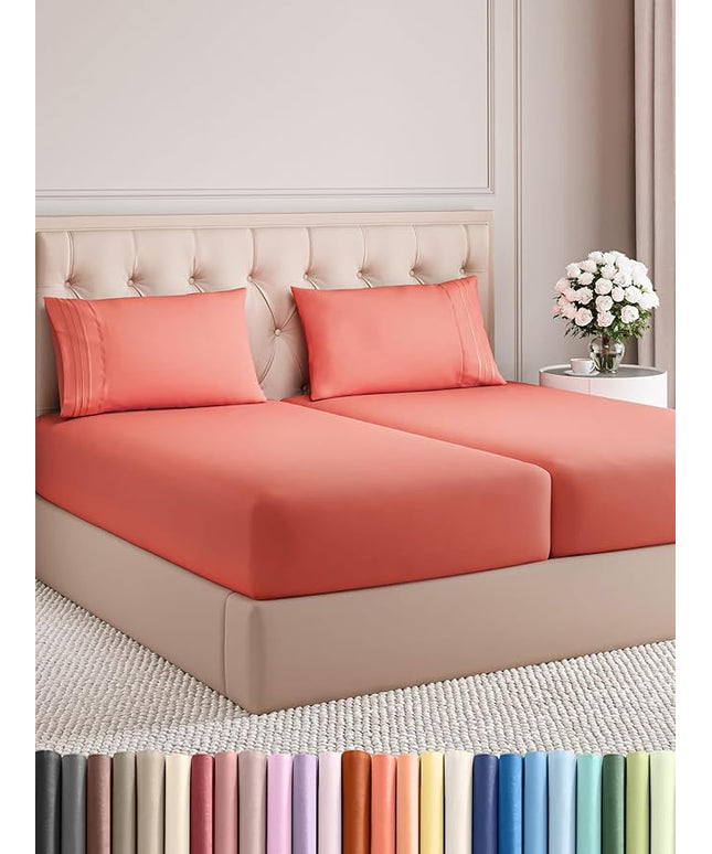 Split King Size 5 Piece Sheet Set - Comfy Breathable & Cooling Bed Sheets Set - Hotel Luxury Bedding for Women, Men, Kids, Teens, Boys & Girls - Deep Pockets, Soft and Wrinkle Free - Oeko-Tex - Coral