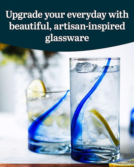 Libbey Blue Ribbon 16 Piece Tumbler and Rocks Glass Set, Infused Blue Ribbon Drinkware Glasses Set, Artisan Inspired Four-Dimple Shaped Rock Glasses, Dishwasher Safe Tumbler Glasses Set