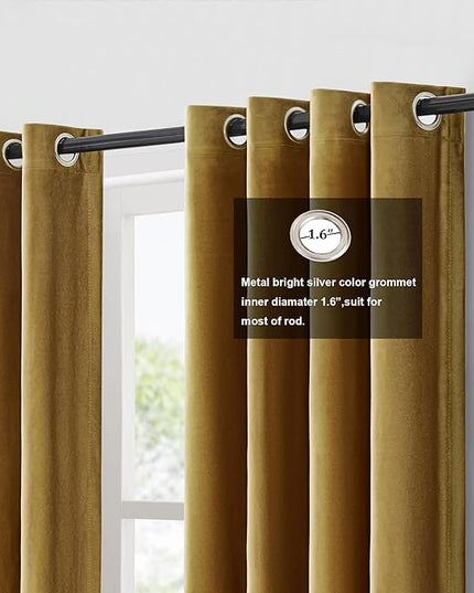 BULBUL Color Block Window Curtains Panels 63 inches Long Gold Brown Velvet Farmhouse Drapes for Bedroom Living Room Darkening Treatment with Grommet Set of 2