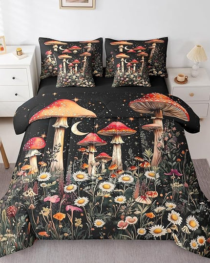 Feelyou Gothic Nature Kids Comforter Set 7pcs, Boho Butterfly Moth Flower Bed Set King for Boys Girl, Boho Moon Bedding with 1 Comforter,1 Fitted Sheet,1 Flat Sheet,2 Pillowcases,2 Throw Pillow Cover